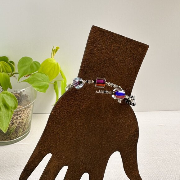 Rainbow Furnace Glass Bead Bracelet Memory Wire Adjustable Handmade Jewelry - Picture 2 of 7